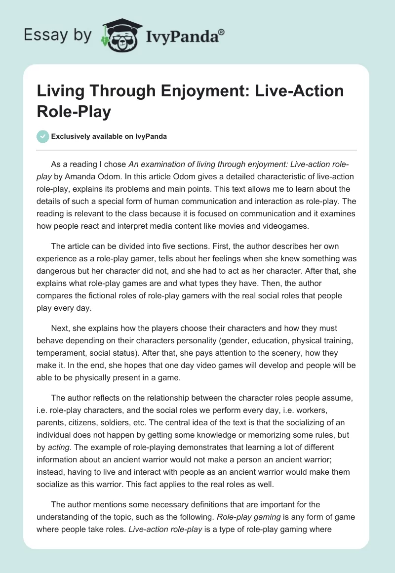 Living Through Enjoyment: Live-Action Role-Play. Page 1