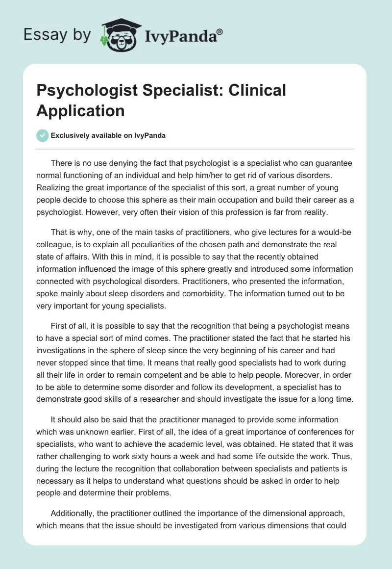 Psychologist Specialist: Clinical Application. Page 1