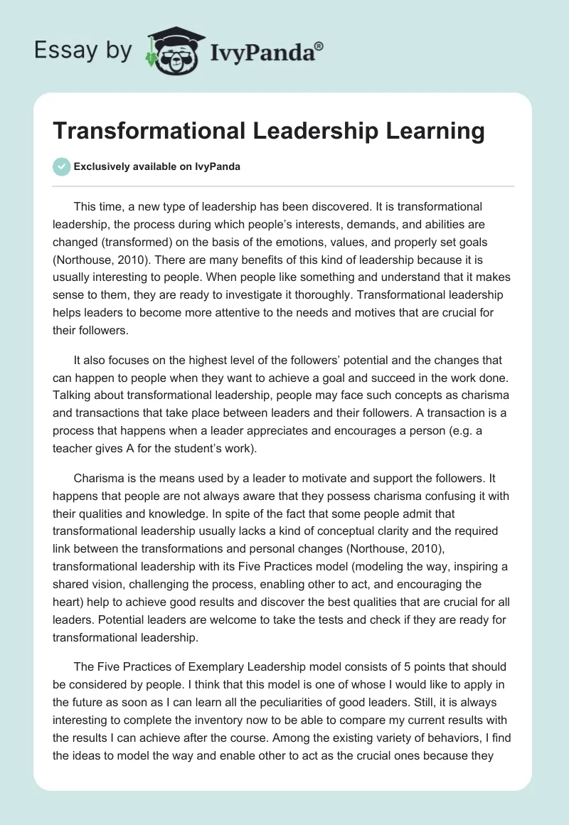 Transformational Leadership Learning. Page 1