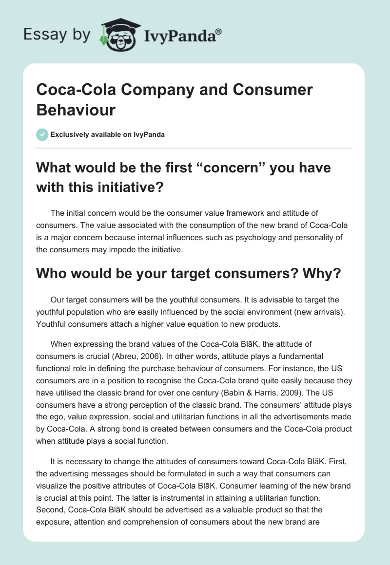 Coca-Cola Company and Consumer Behaviour. Page 1