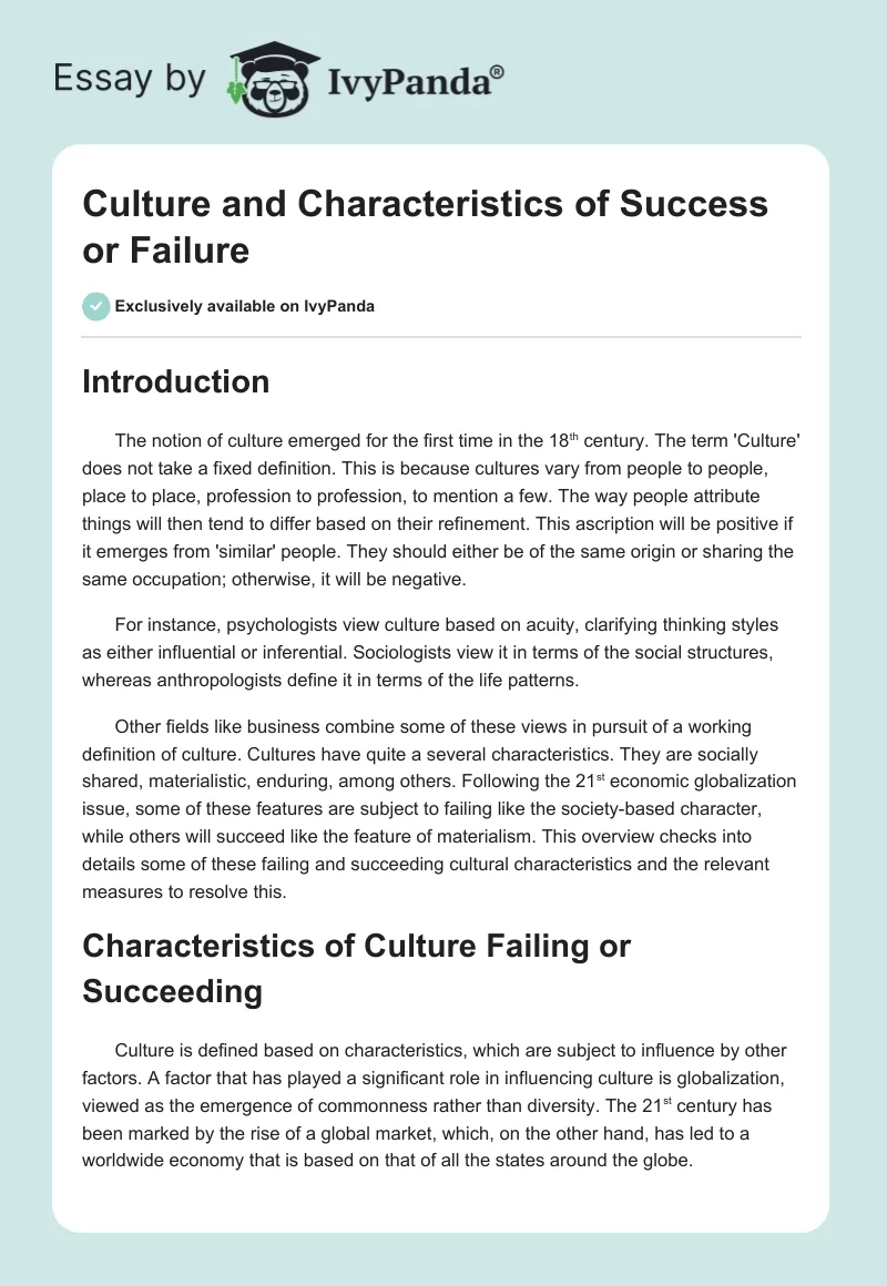 Culture and Characteristics of Success or Failure. Page 1