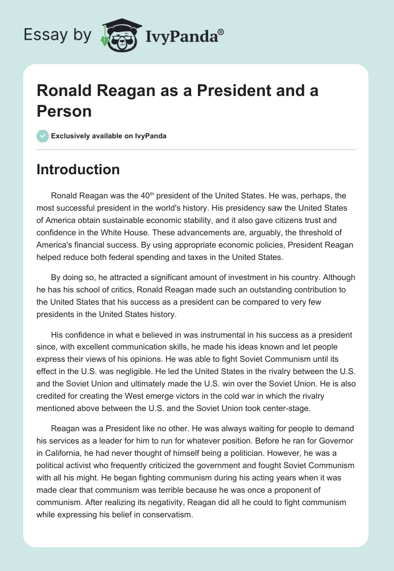 Ronald Reagan as a President and a Person. Page 1