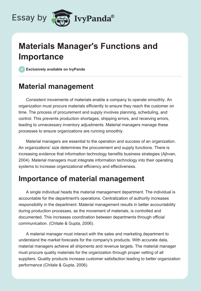 Materials Manager's Functions and Importance. Page 1