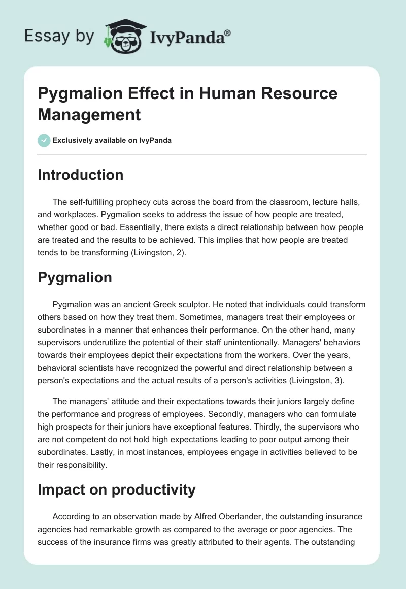 Pygmalion Effect in Human Resource Management. Page 1