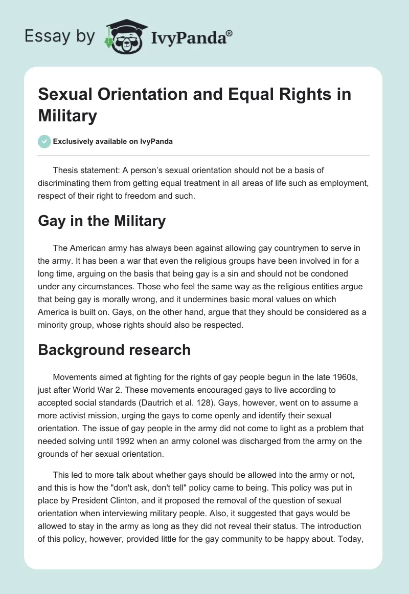 Sexual Orientation and Equal Rights in Military. Page 1