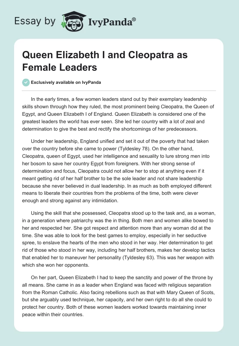 Queen Elizabeth I and Cleopatra as Female Leaders. Page 1