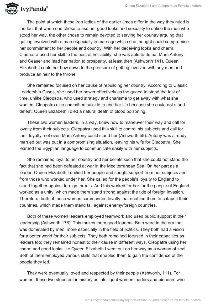 Queen Elizabeth I and Cleopatra as Female Leaders. Page 2