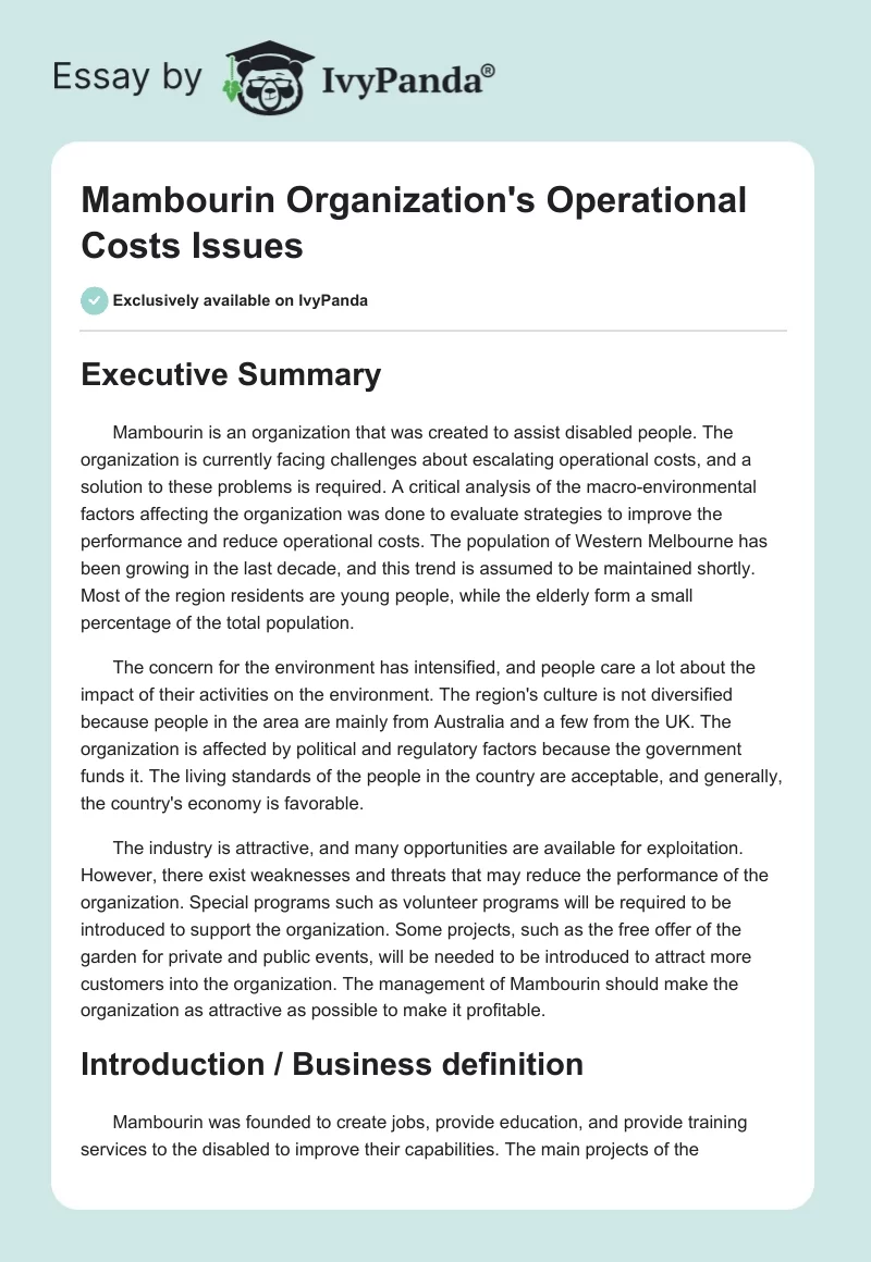 Mambourin Organization's Operational Costs Issues. Page 1