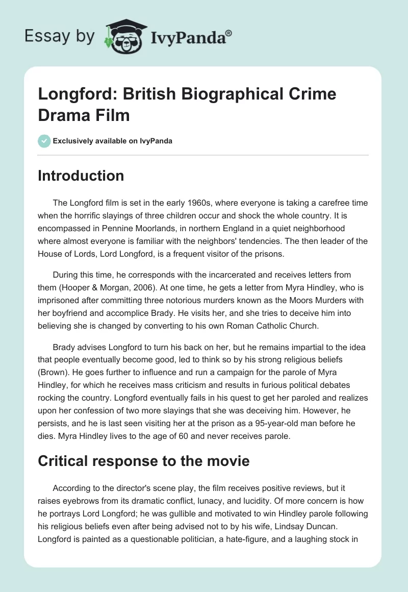 Longford: British Biographical Crime Drama Film. Page 1