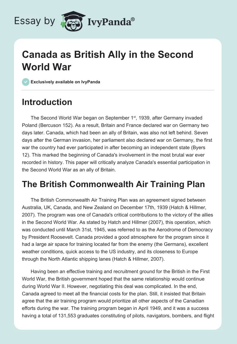 Canada as British Ally in the Second World War. Page 1