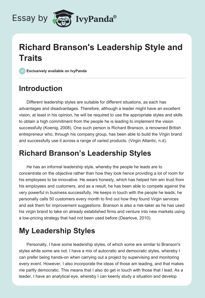 Richard Branson's Leadership Style and Traits. Page 1