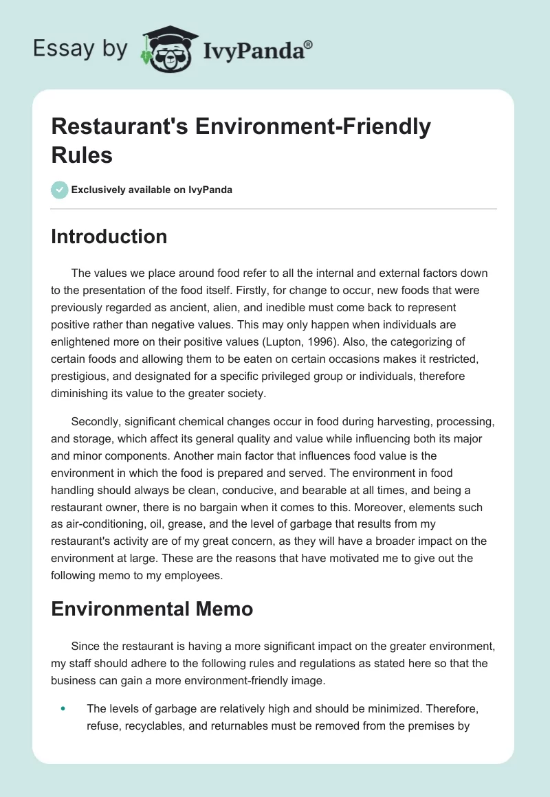 Restaurant's Environment-Friendly Rules. Page 1