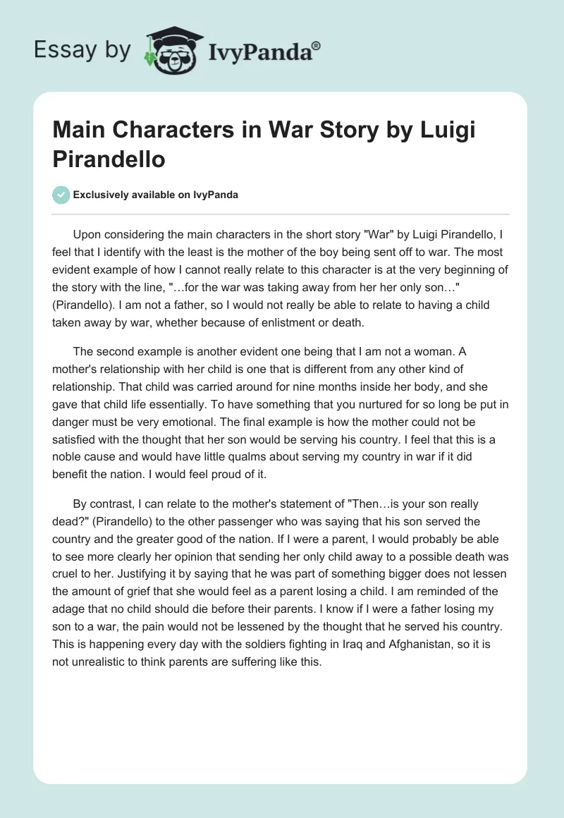 Main Characters in "War" Story by Luigi Pirandello. Page 1