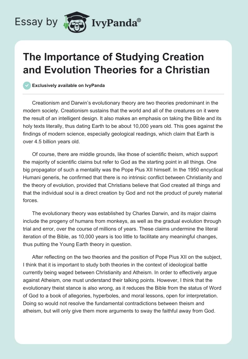 The Importance of Studying Creation and Evolution Theories for a Christian. Page 1
