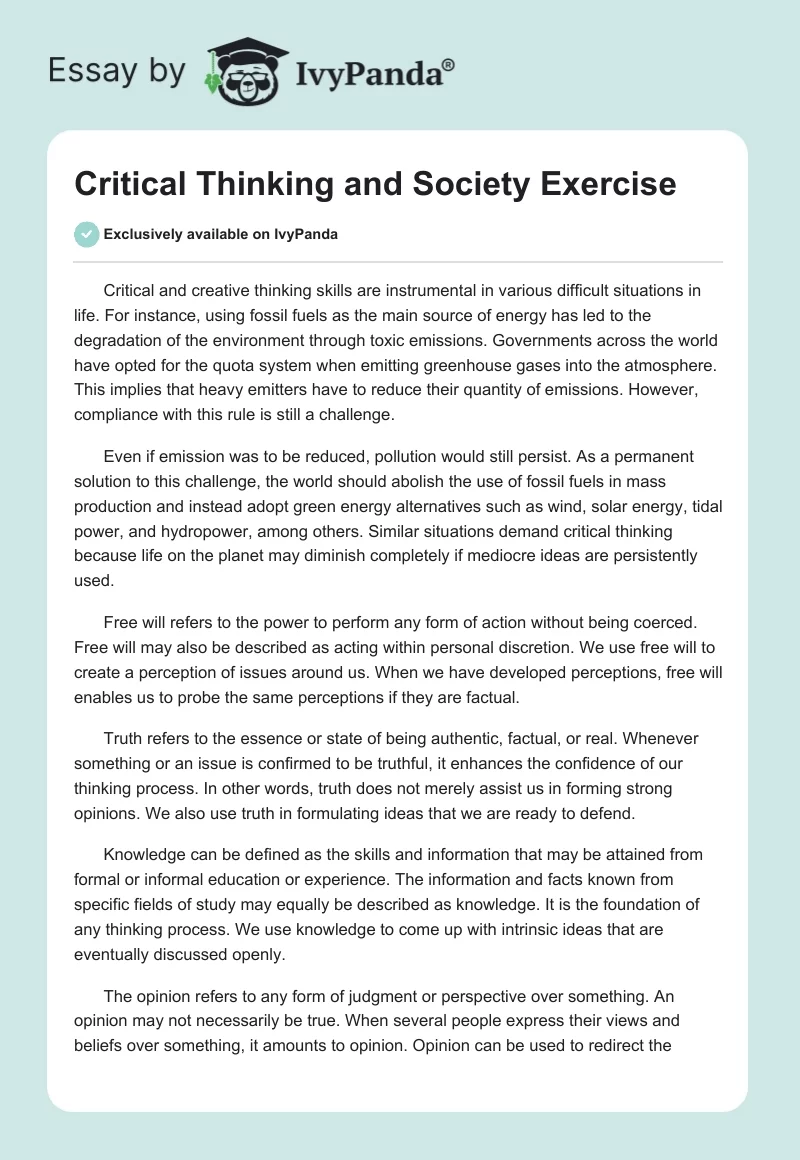 Critical Thinking and Society Exercise. Page 1