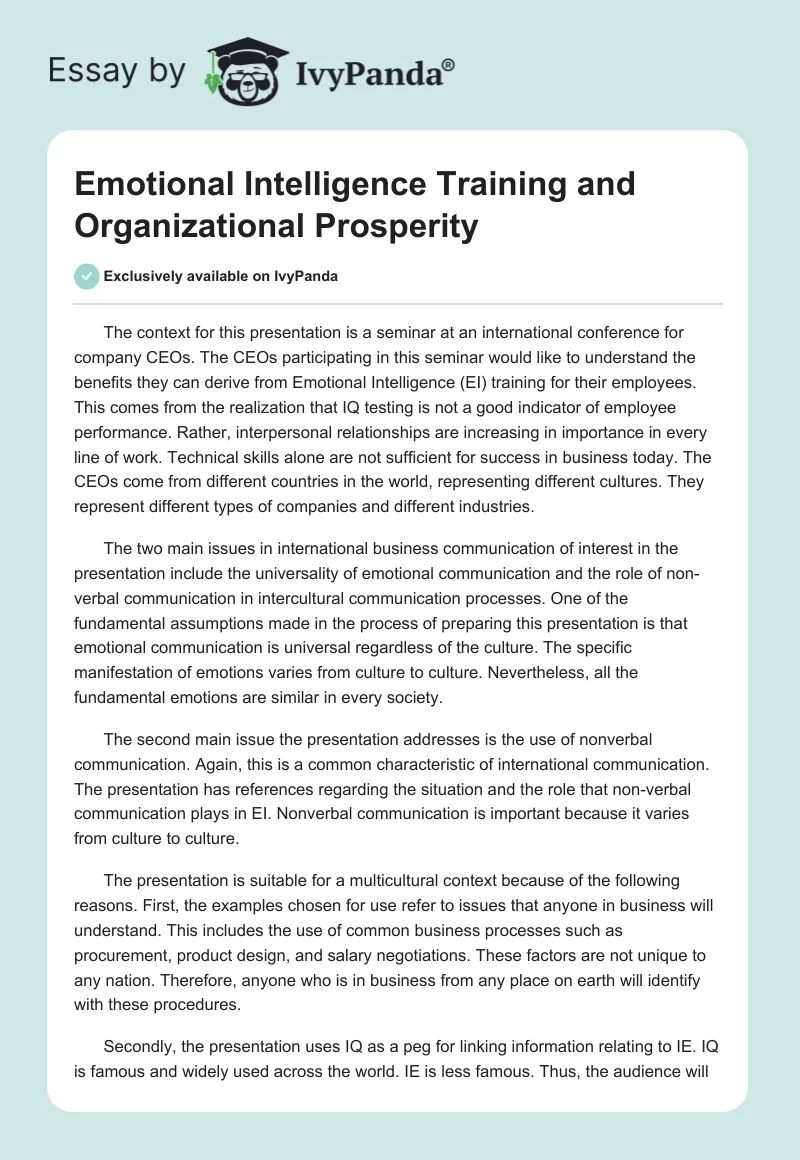 Emotional Intelligence Training and Organizational Prosperity. Page 1