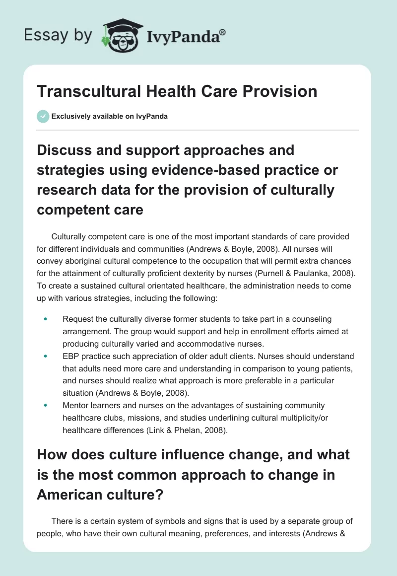 Transcultural Health Care Provision. Page 1