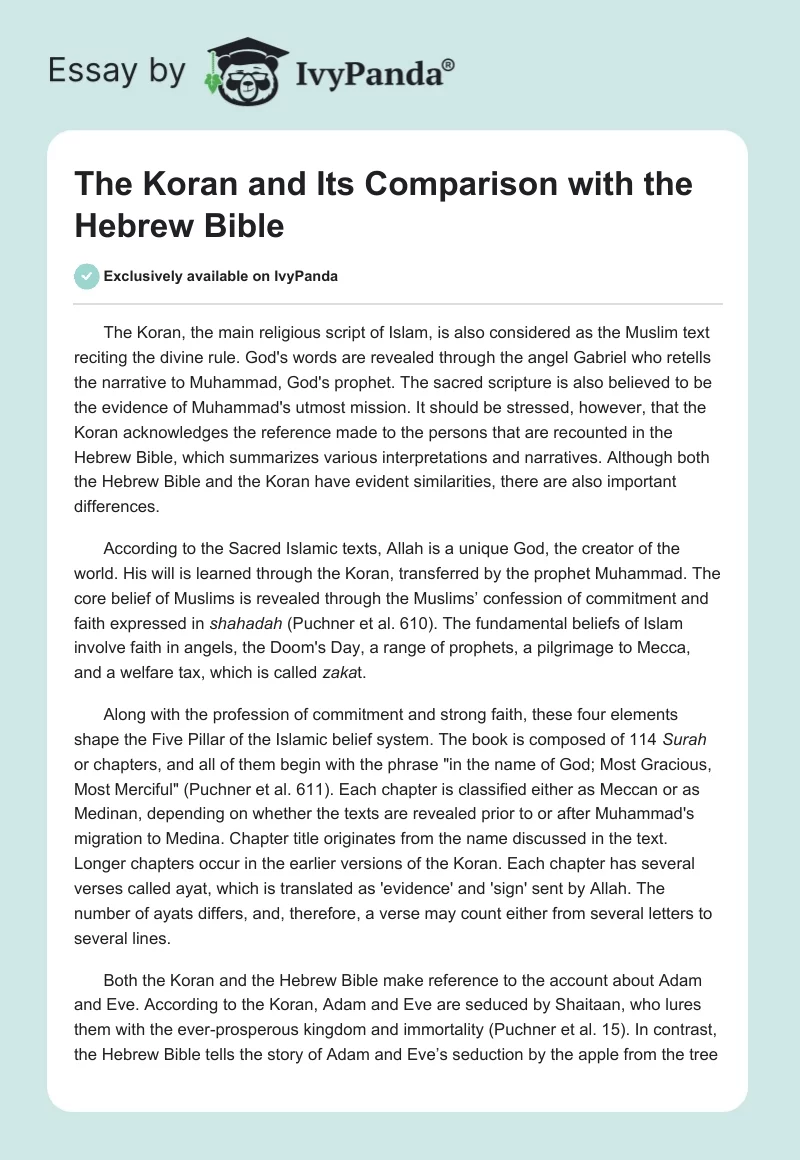 The Koran and Its Comparison With the Hebrew Bible. Page 1