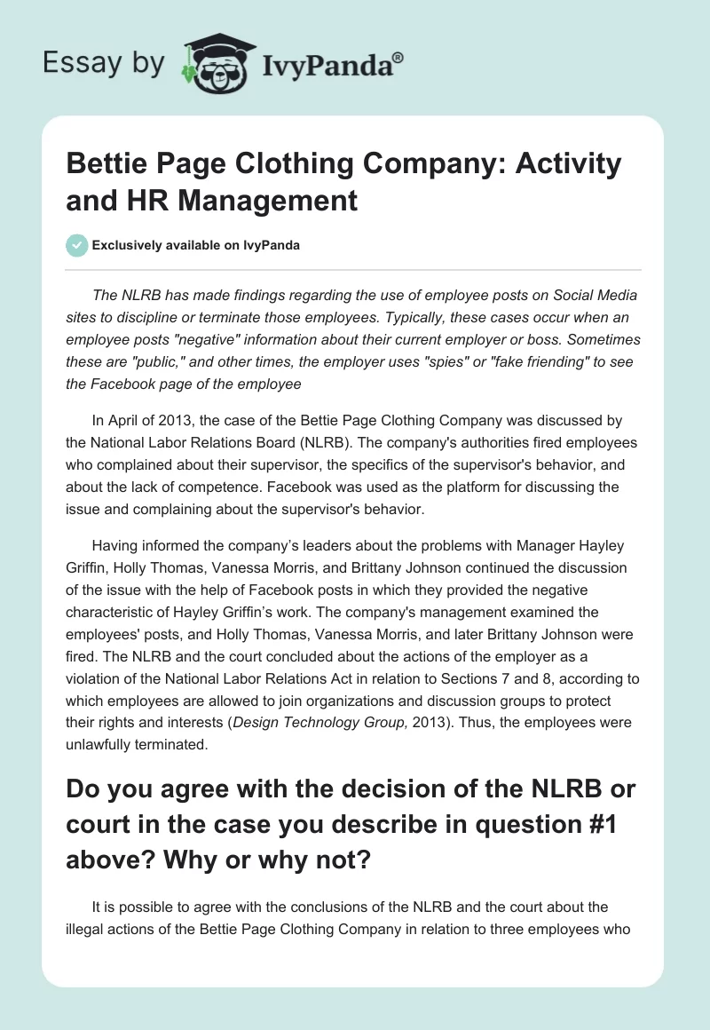 Bettie Page Clothing Company: Activity and HR Management. Page 1