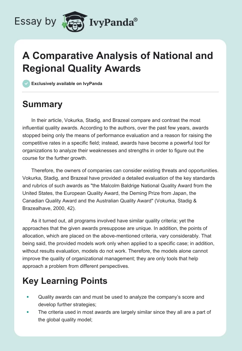 A Comparative Analysis of National and Regional Quality Awards. Page 1