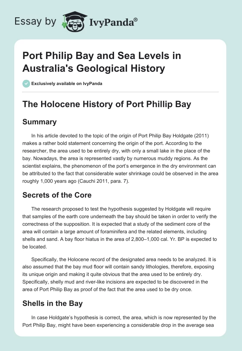 Port Philip Bay and Sea Levels in Australia's Geological History. Page 1