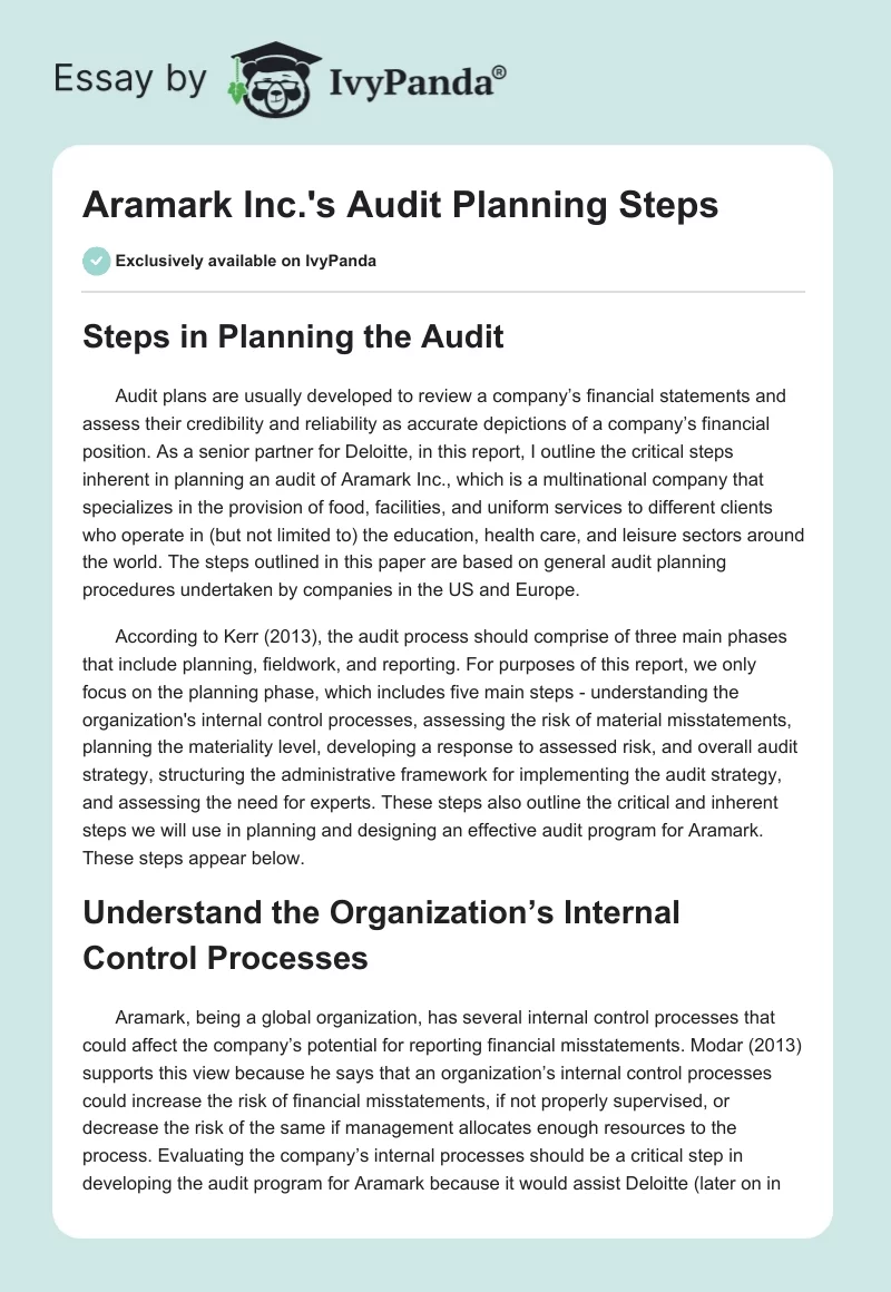 Aramark Inc.'s Audit Planning Steps. Page 1