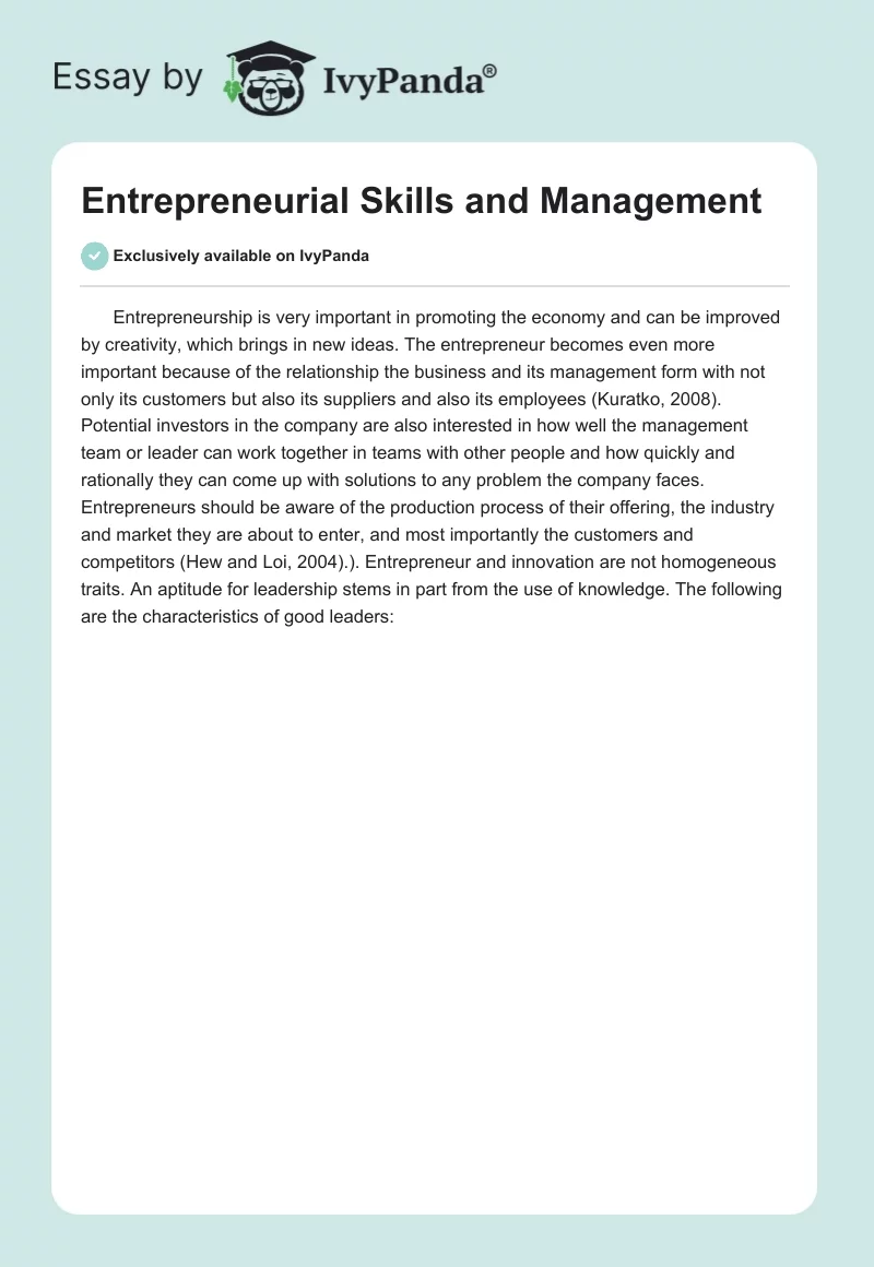 Entrepreneurial Skills and Management. Page 1