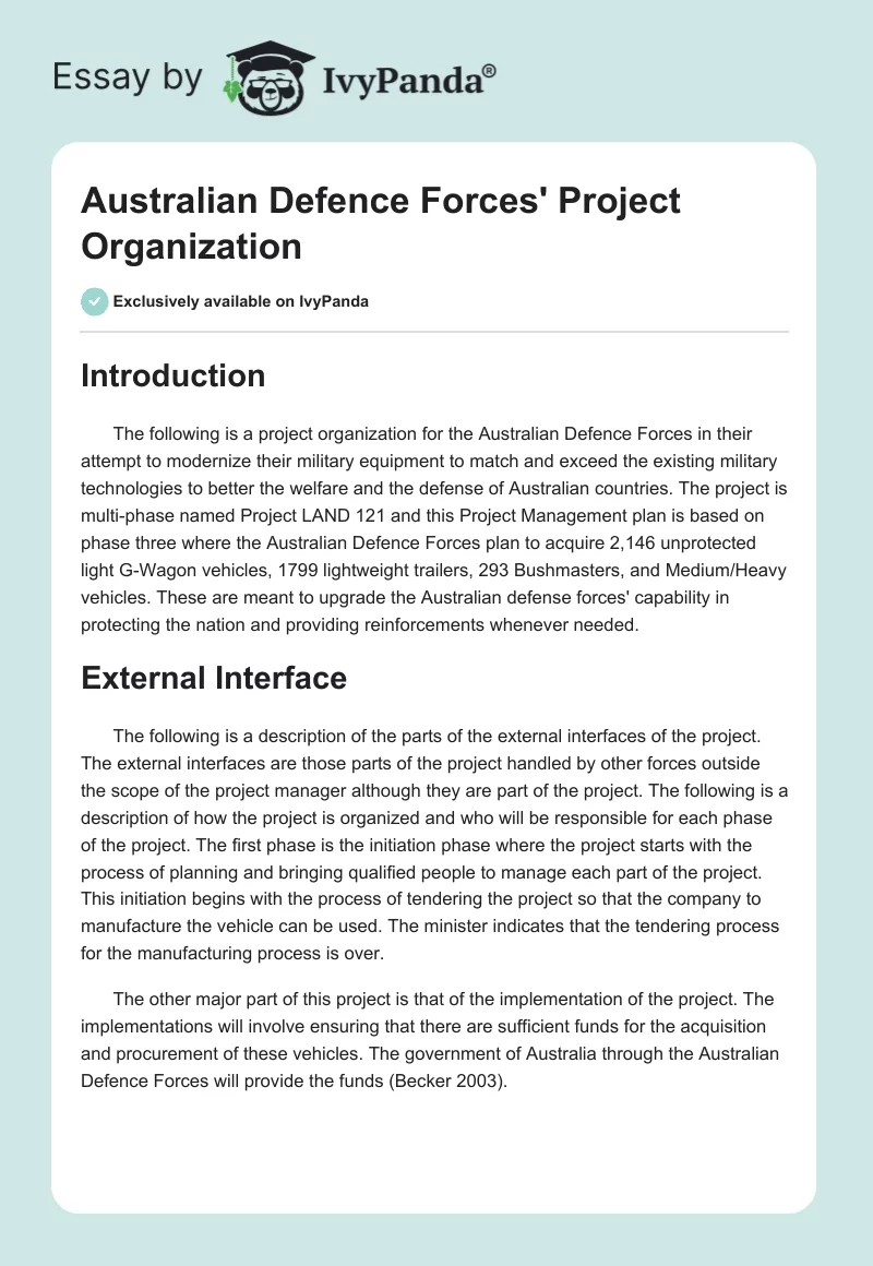 Australian Defence Forces' Project Organization. Page 1