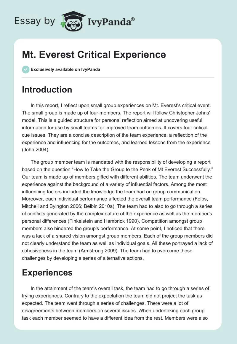Mt. Everest Critical Experience. Page 1