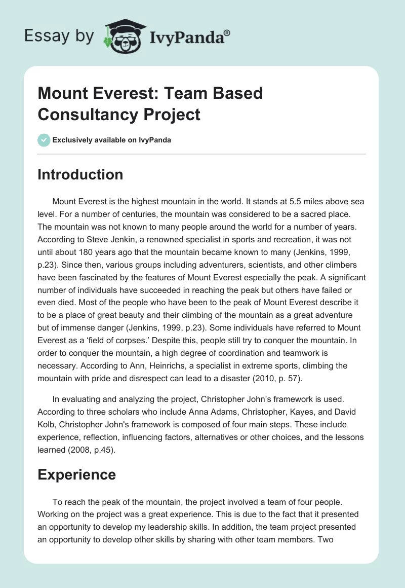 Mount Everest: Team Based Consultancy Project. Page 1