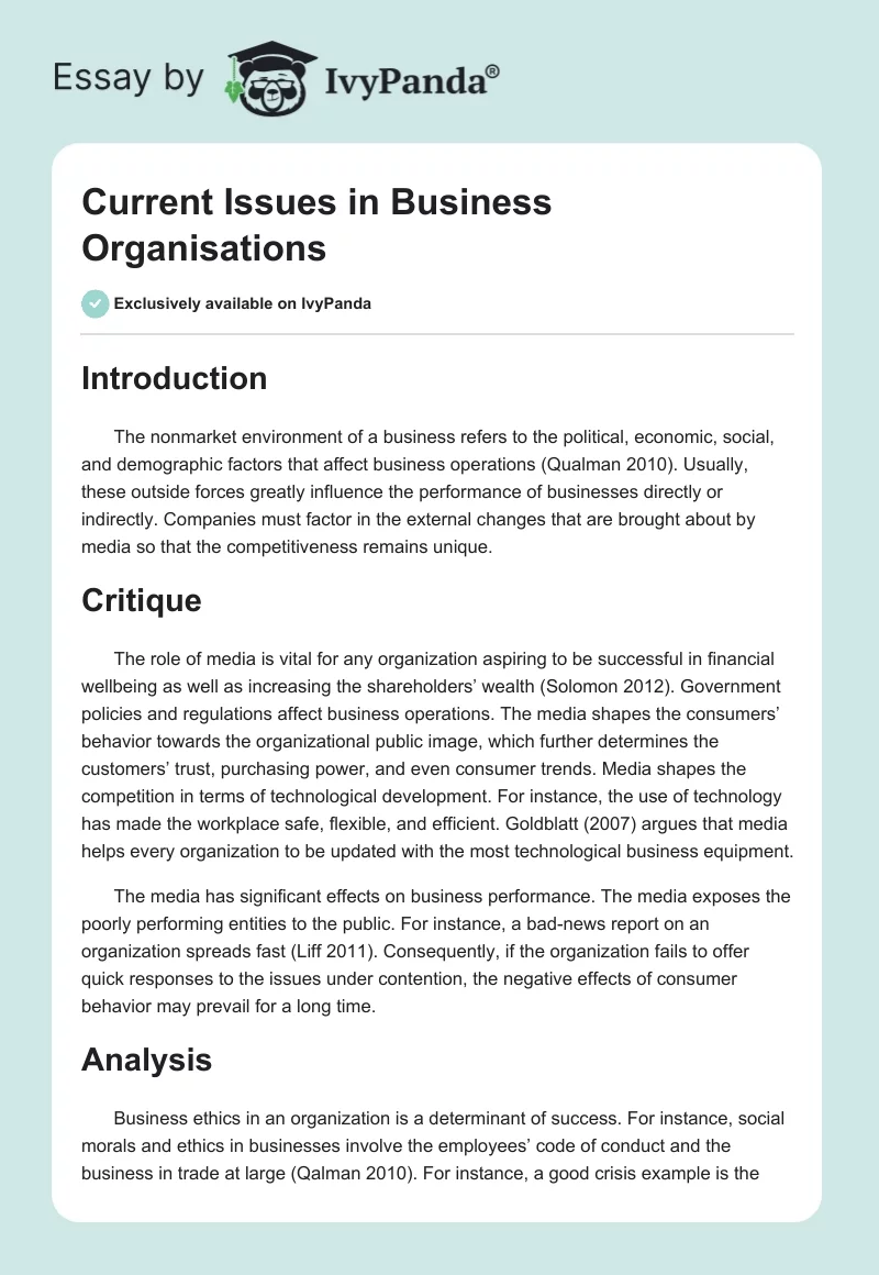 Current Issues in Business Organisations. Page 1