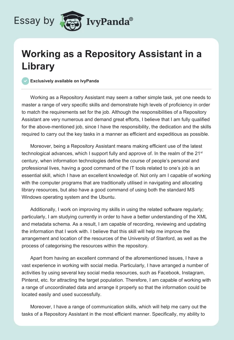 Working as a Repository Assistant in a Library. Page 1