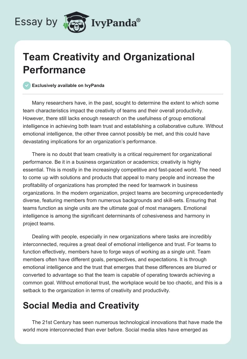 Team Creativity and Organizational Performance. Page 1