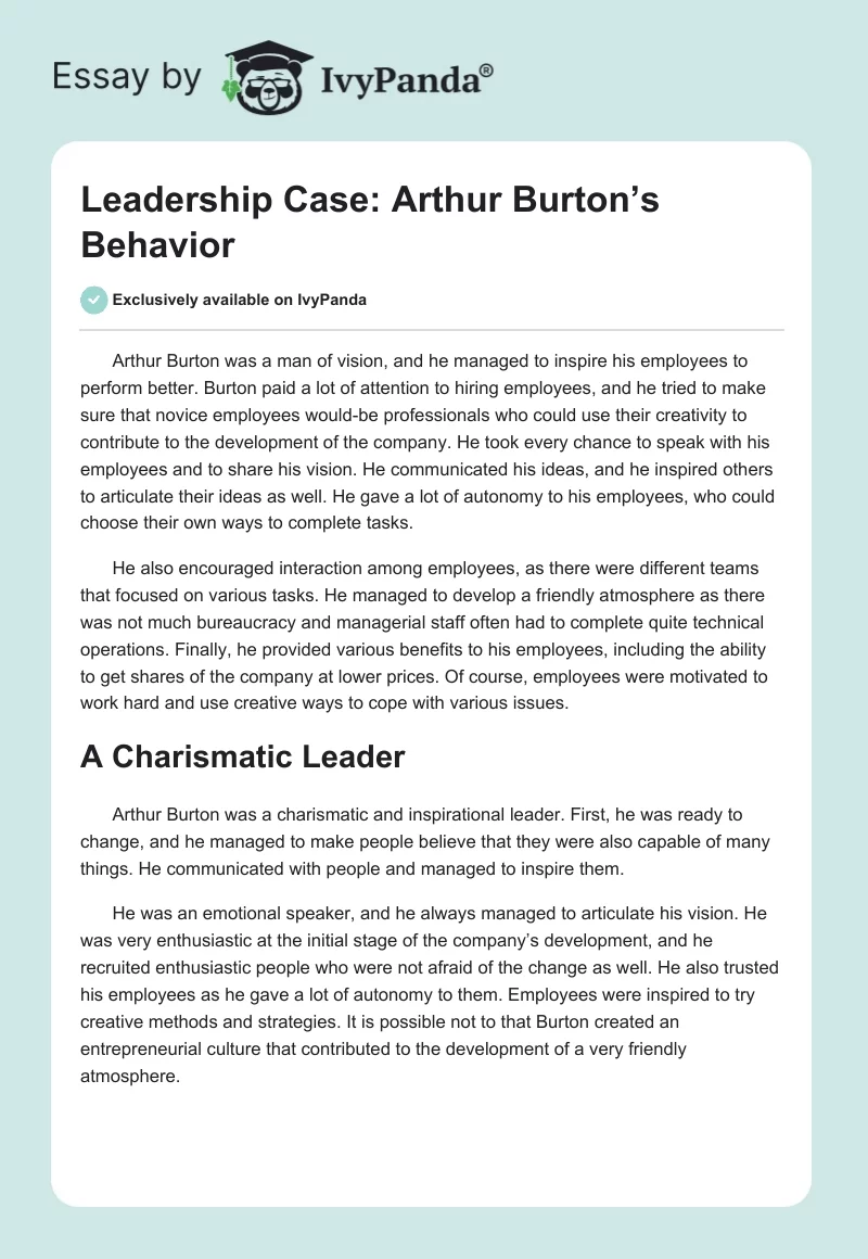 Leadership Case: Arthur Burton’s Behavior. Page 1