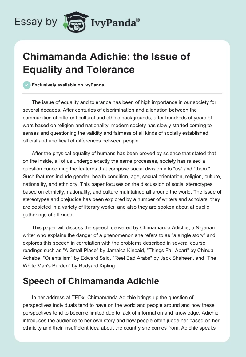 Chimamanda Adichie: The Issue of Equality and Tolerance. Page 1