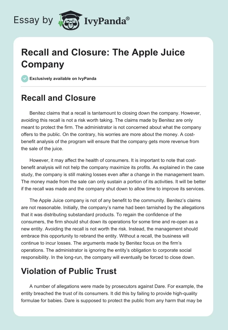 Recall and Closure: The Apple Juice Company. Page 1