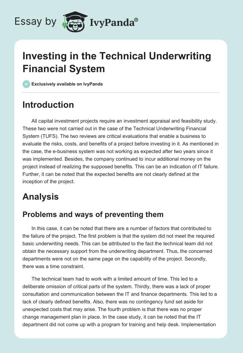 Investing in the Technical Underwriting Financial System. Page 1