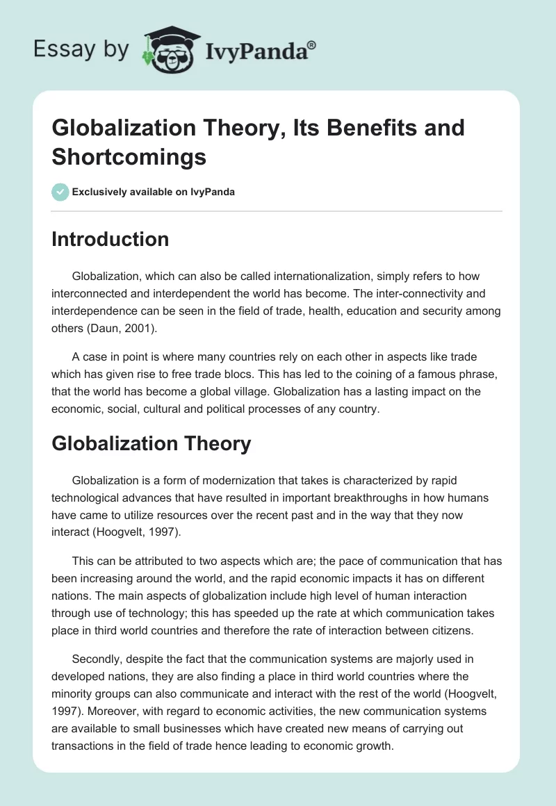 Globalization Theory, Its Benefits and Shortcomings. Page 1