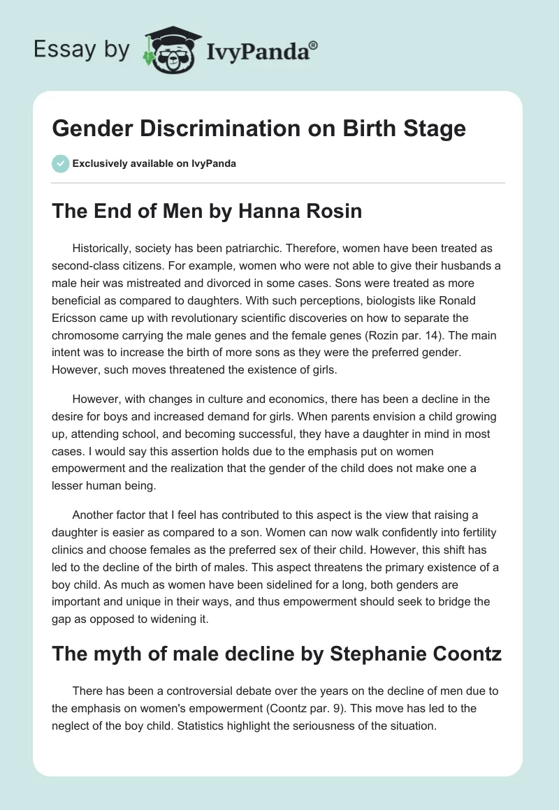 Gender Discrimination on Birth Stage. Page 1