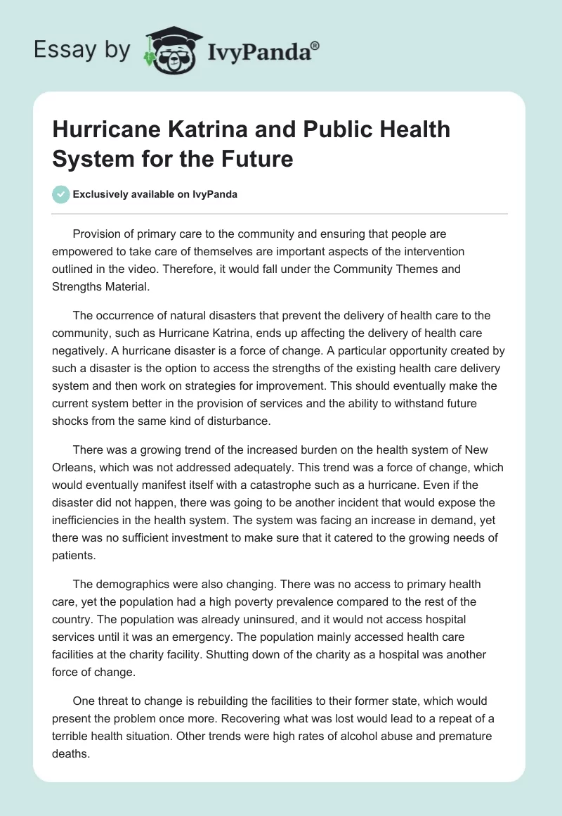 Hurricane Katrina and Public Health System for the Future. Page 1