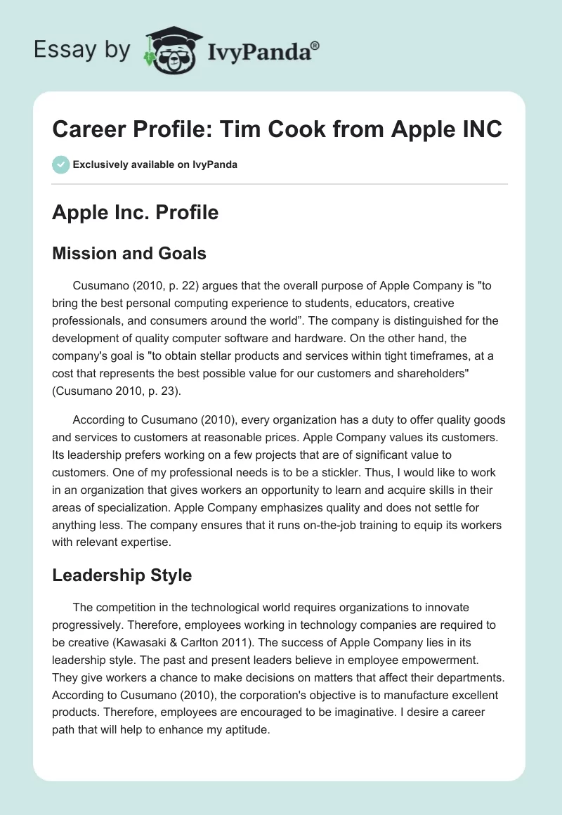 Career Profile: Tim Cook From Apple Inc.. Page 1