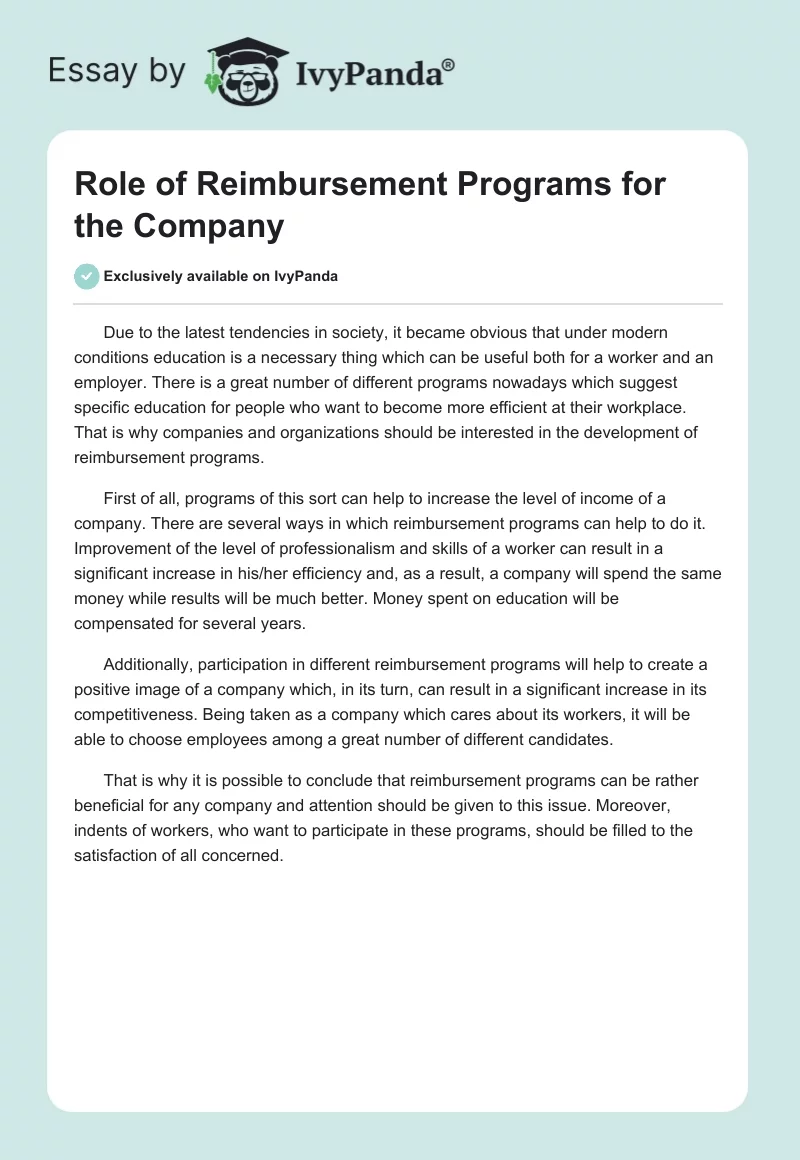 Role of Reimbursement Programs for the Company. Page 1