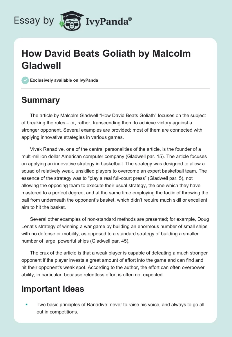 "How David Beats Goliath" by Malcolm Gladwell. Page 1
