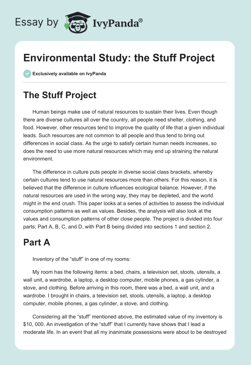 Environmental Study: the Stuff Project. Page 1