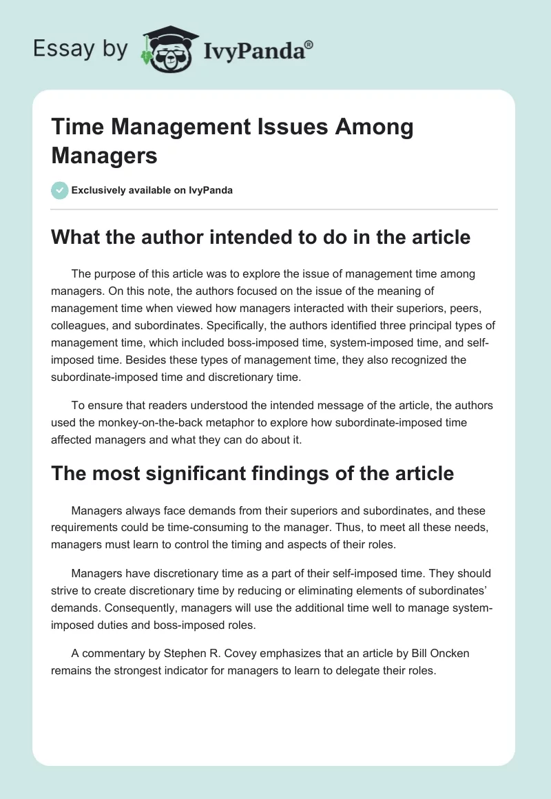 Time Management Issues Among Managers. Page 1