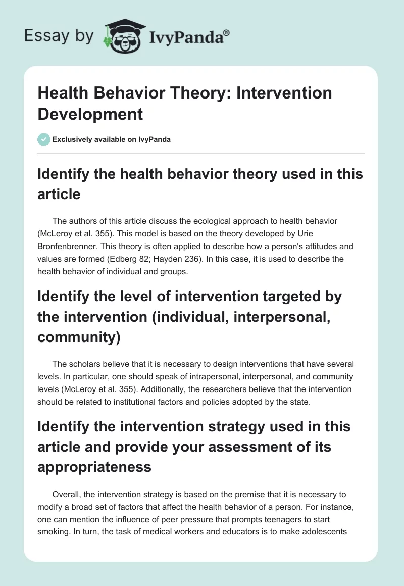 Health Behavior Theory: Intervention Development. Page 1