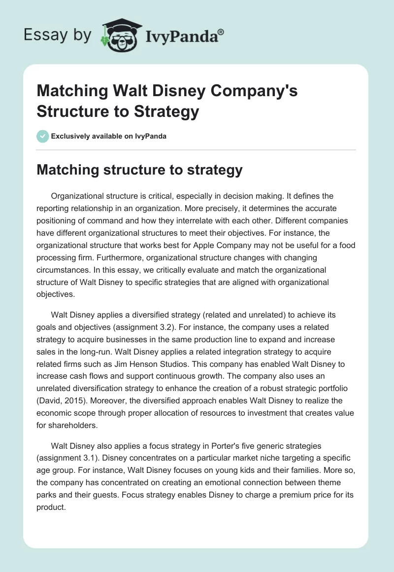 Matching Walt Disney Company's Structure to Strategy. Page 1