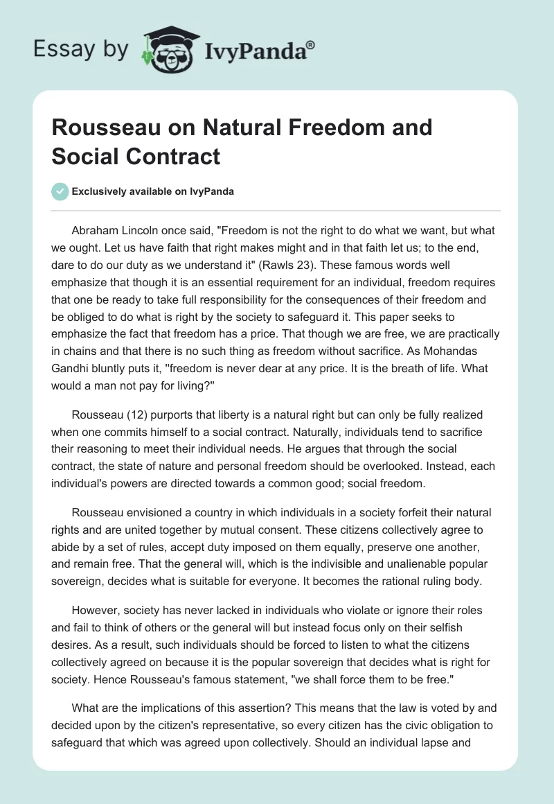 Rousseau on Natural Freedom and Social Contract. Page 1