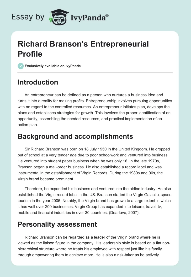 Richard Branson's Entrepreneurial Profile. Page 1