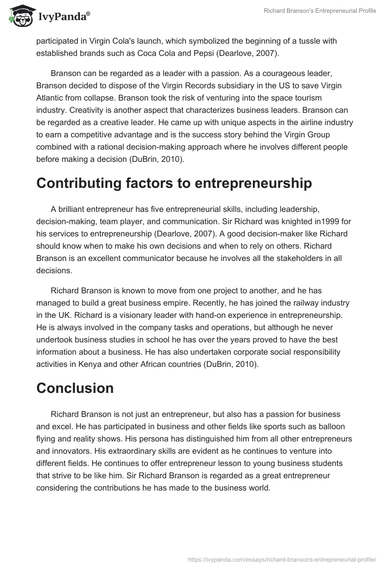 Richard Branson's Entrepreneurial Profile. Page 2